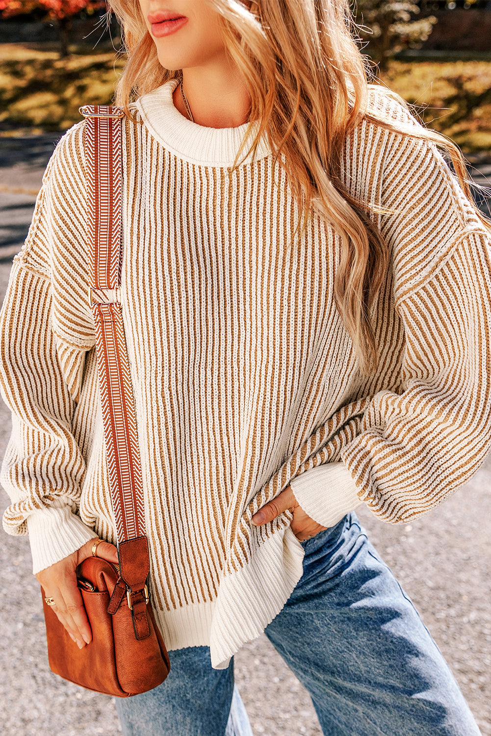 Textured Knit Contrast Edge Loose Sweater