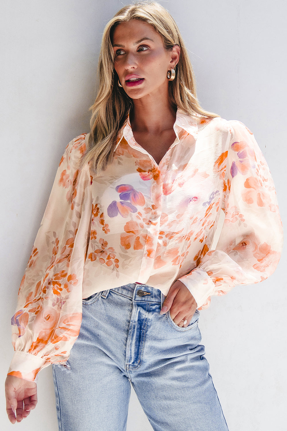 Floral Print Collared Balloon Shirt