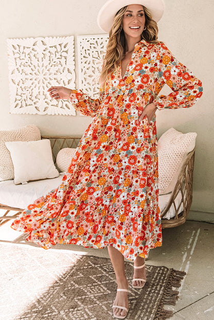 Boho Collared Long Sleeve Ruffled Dress