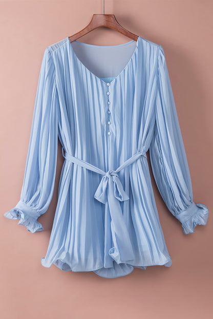 Pleated Ruffled Tie Waist Buttons Romper