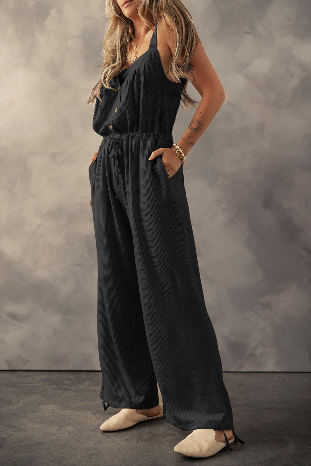 Straps Button Drawstring Jumpsuit