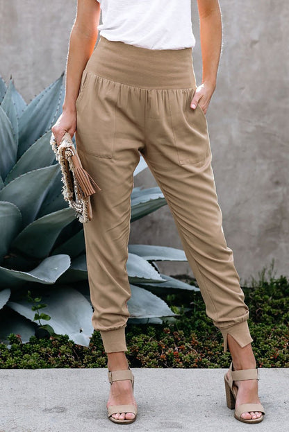 Women's Khaki Wide Waistband Pocketed Joggers