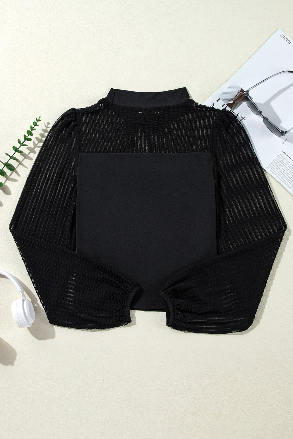 Stand Collar Striped Mesh Blouse