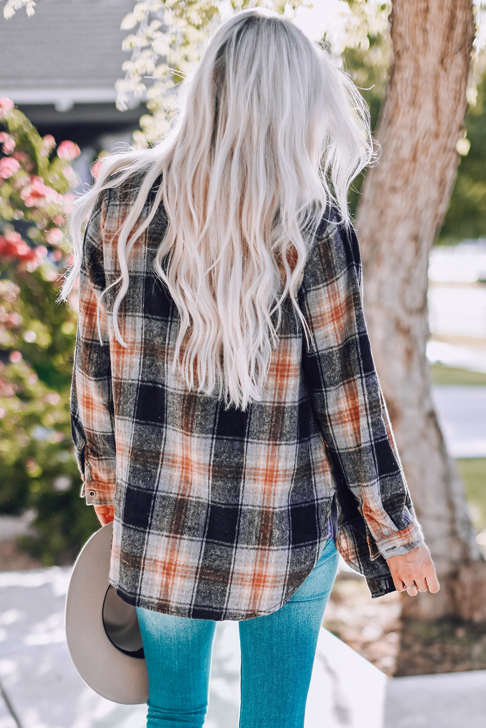 Oversize Rounded Hem Slit Plaid Shirt