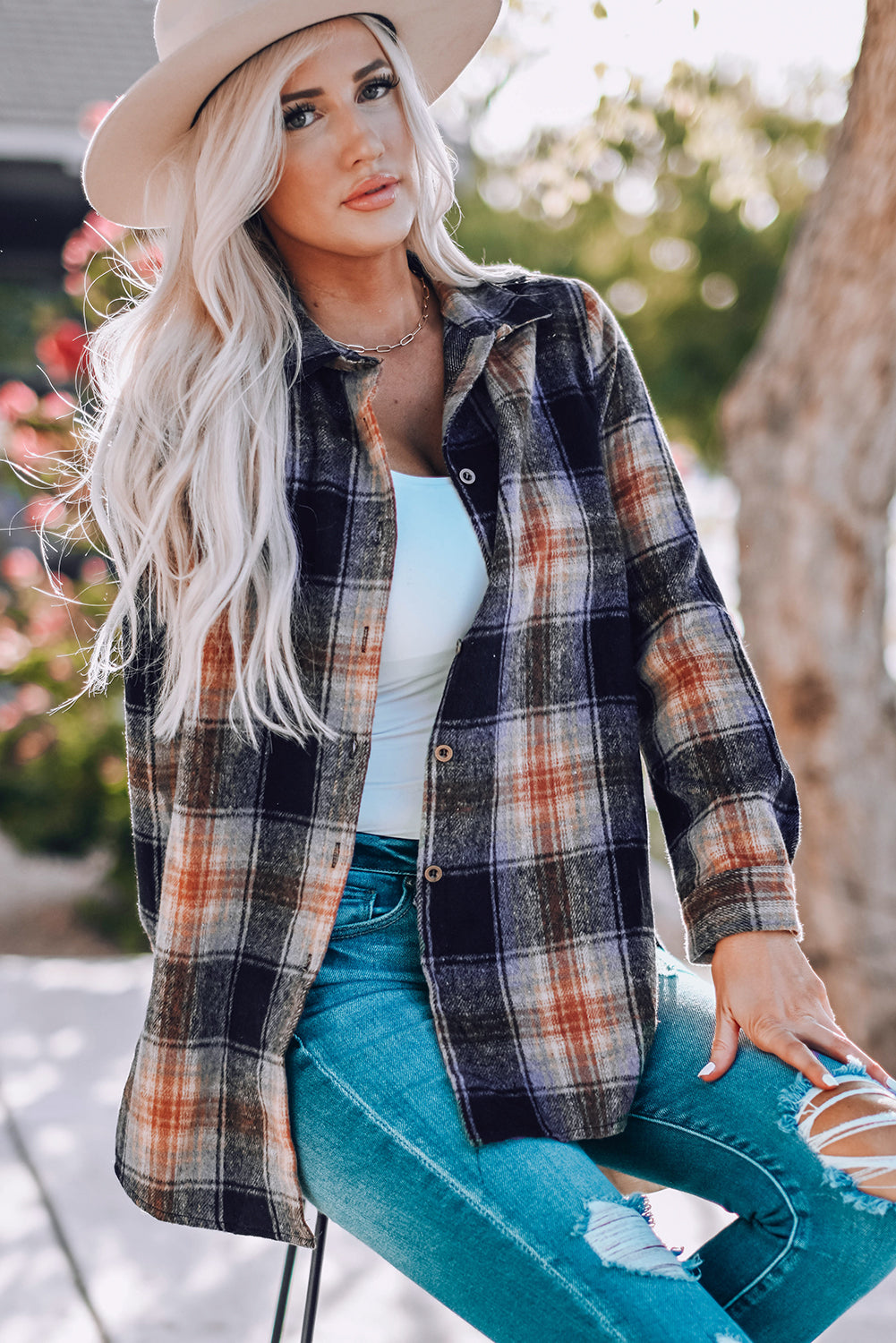 Oversize Rounded Hem Slit Plaid Shirt