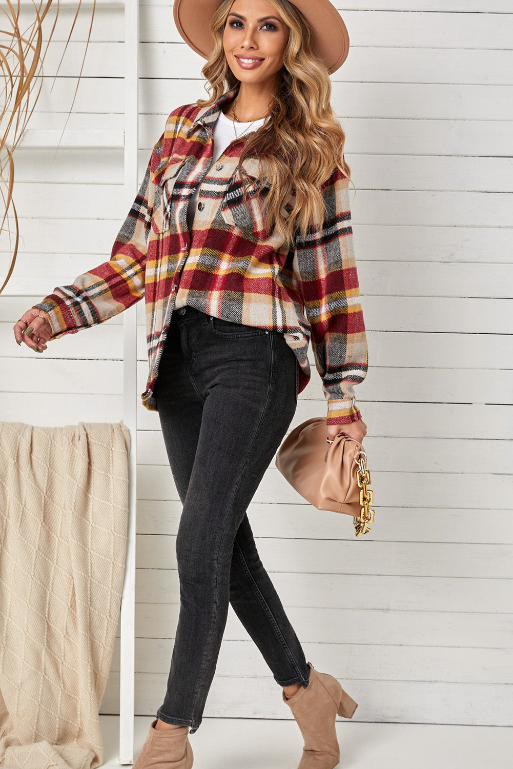 Plaid Print Pocketed Shirt Shacket