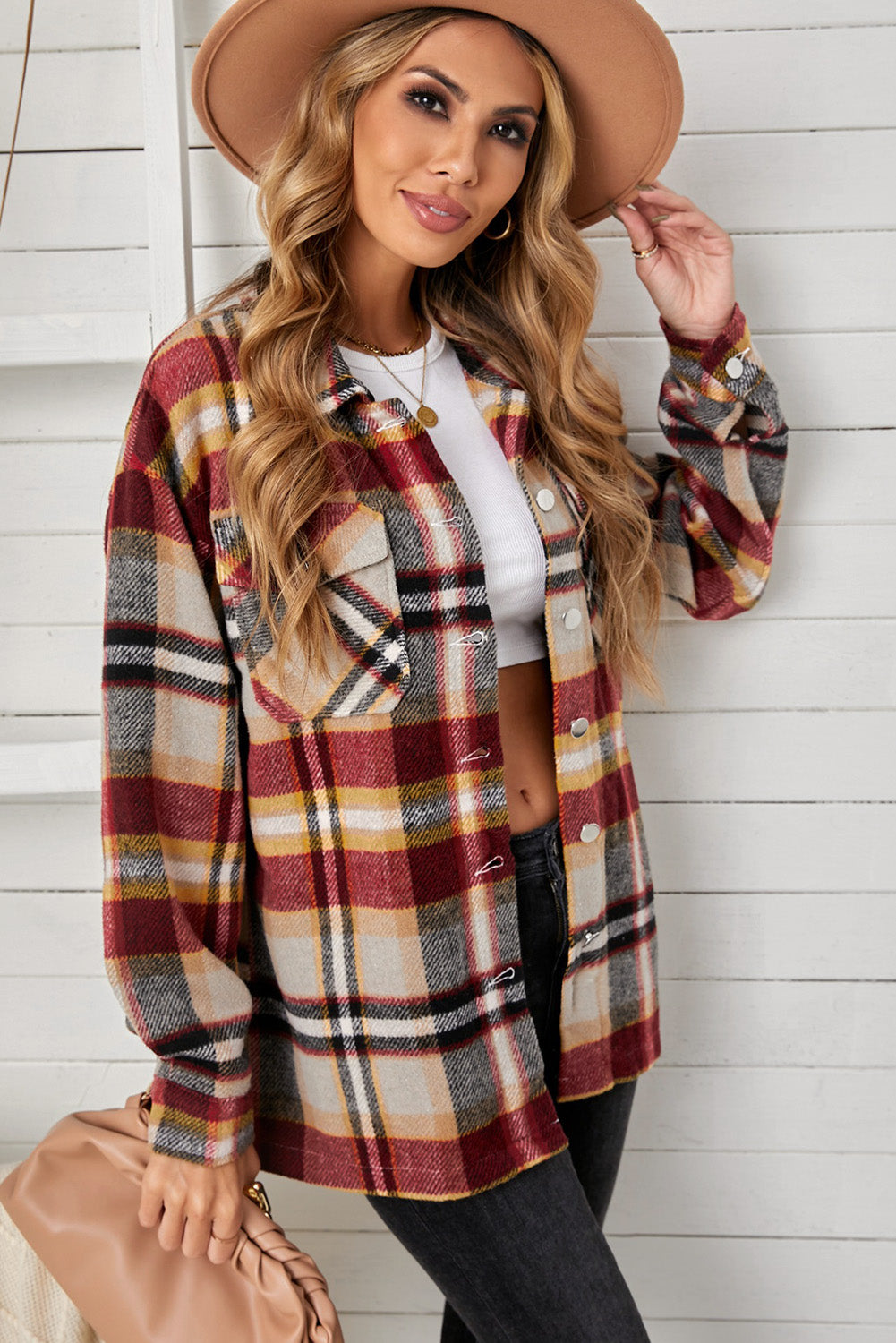 Plaid Print Pocketed Shirt Shacket