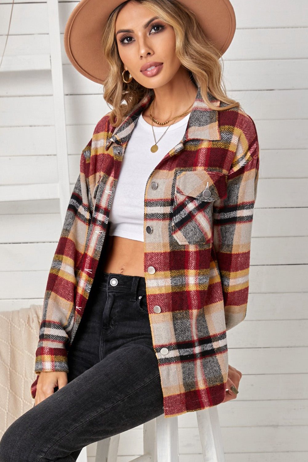 Plaid Print Pocketed Shirt Shacket