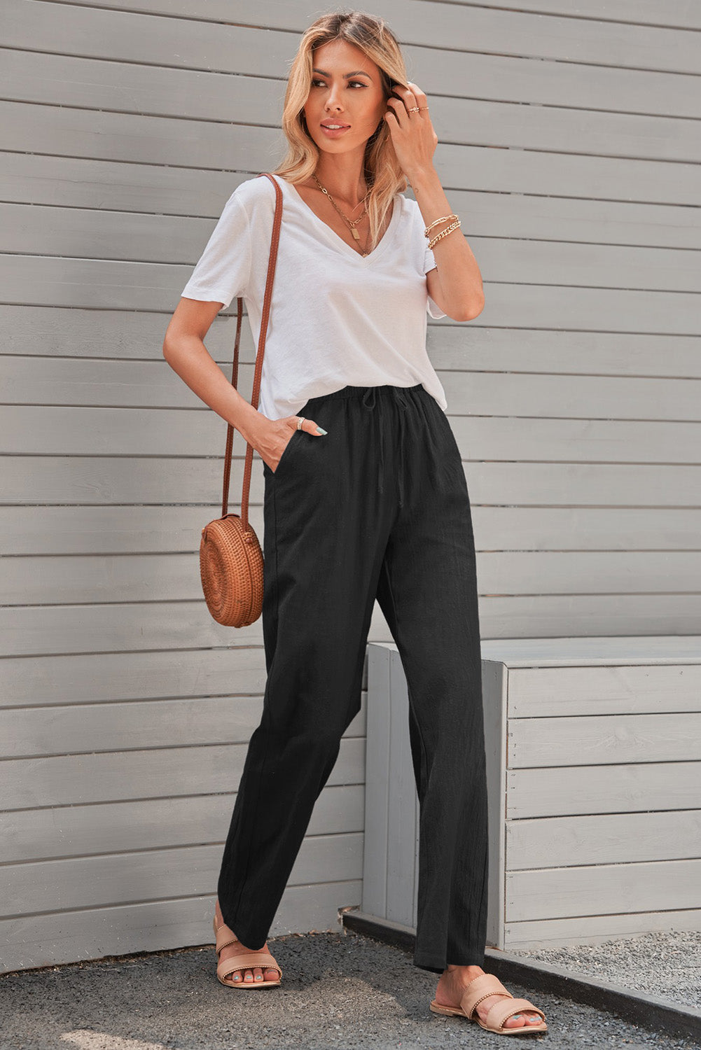 Women's Black Drawstring Elastic Waist Pockets Long Straight Legs Pants