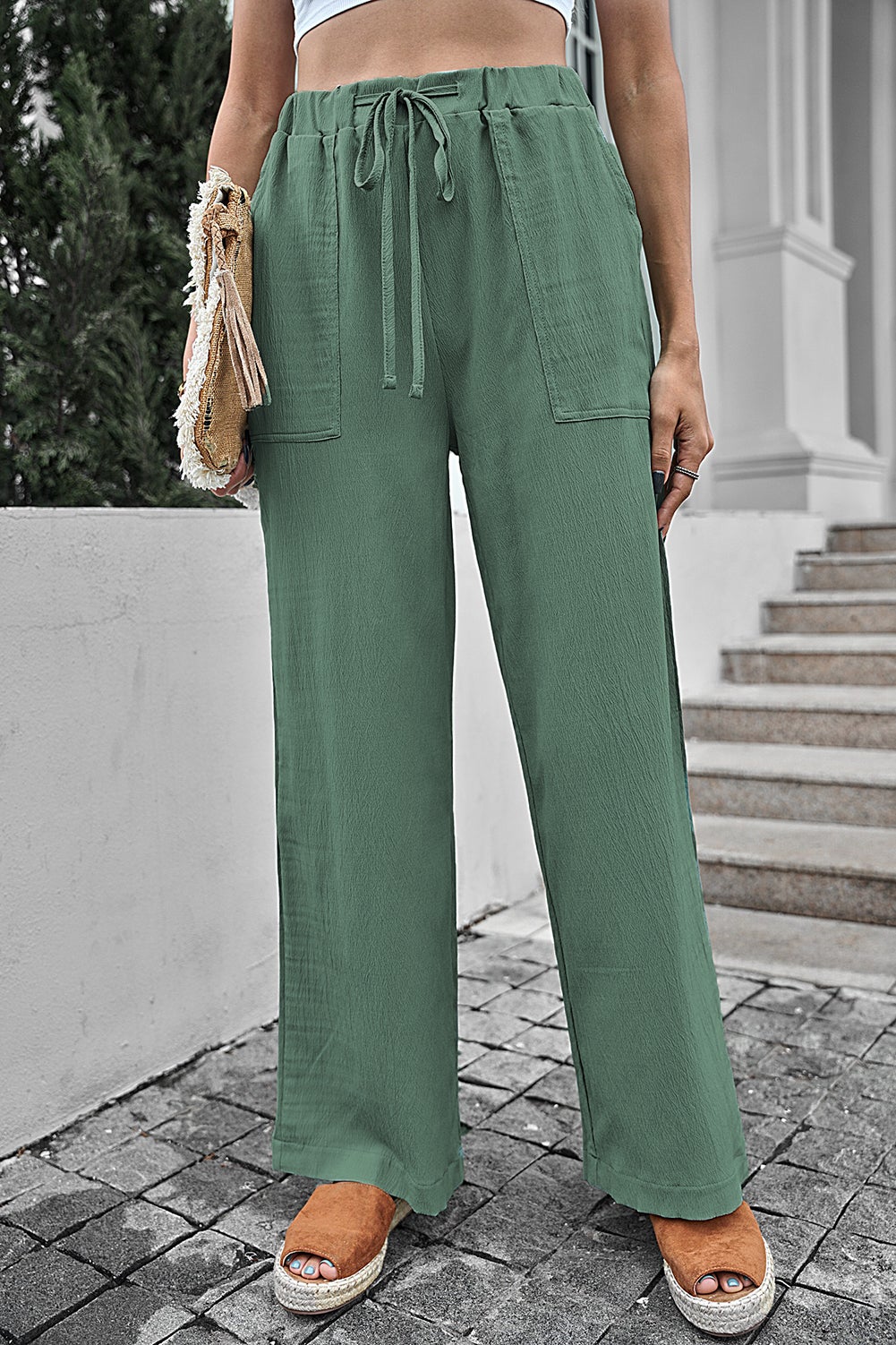 Green Crinkled Wide Leg Pants