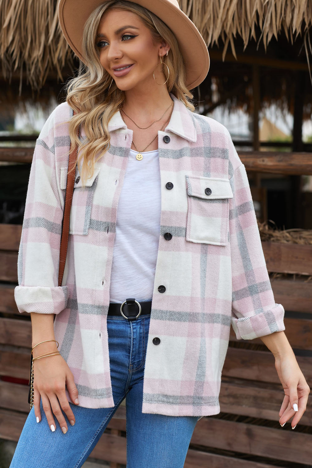 Pink Plaid Women Shacket