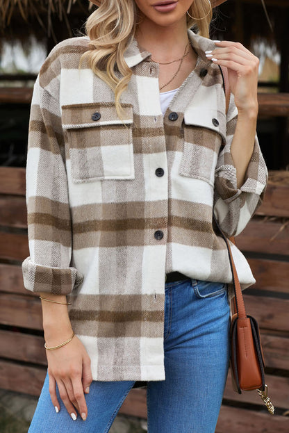 Womens Khaki Plaid Shacket