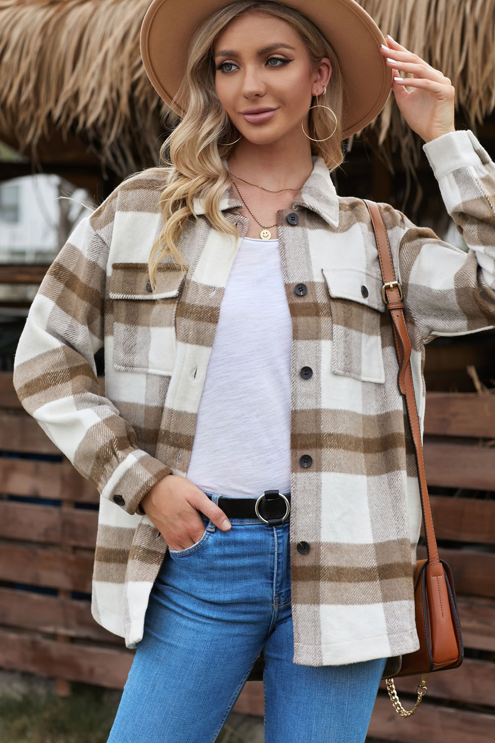 Womens Khaki Plaid Shacket