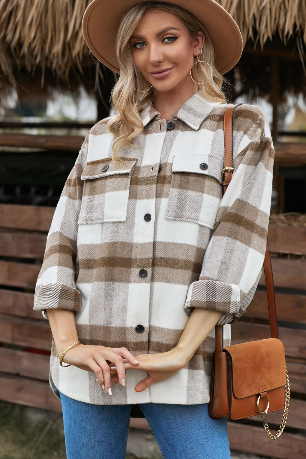 Womens Khaki Plaid Shacket