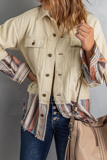 Beige Color Block Corduroy Jacket