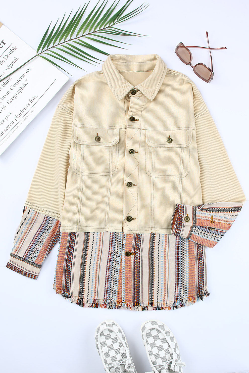 Beige Color Block Corduroy Jacket