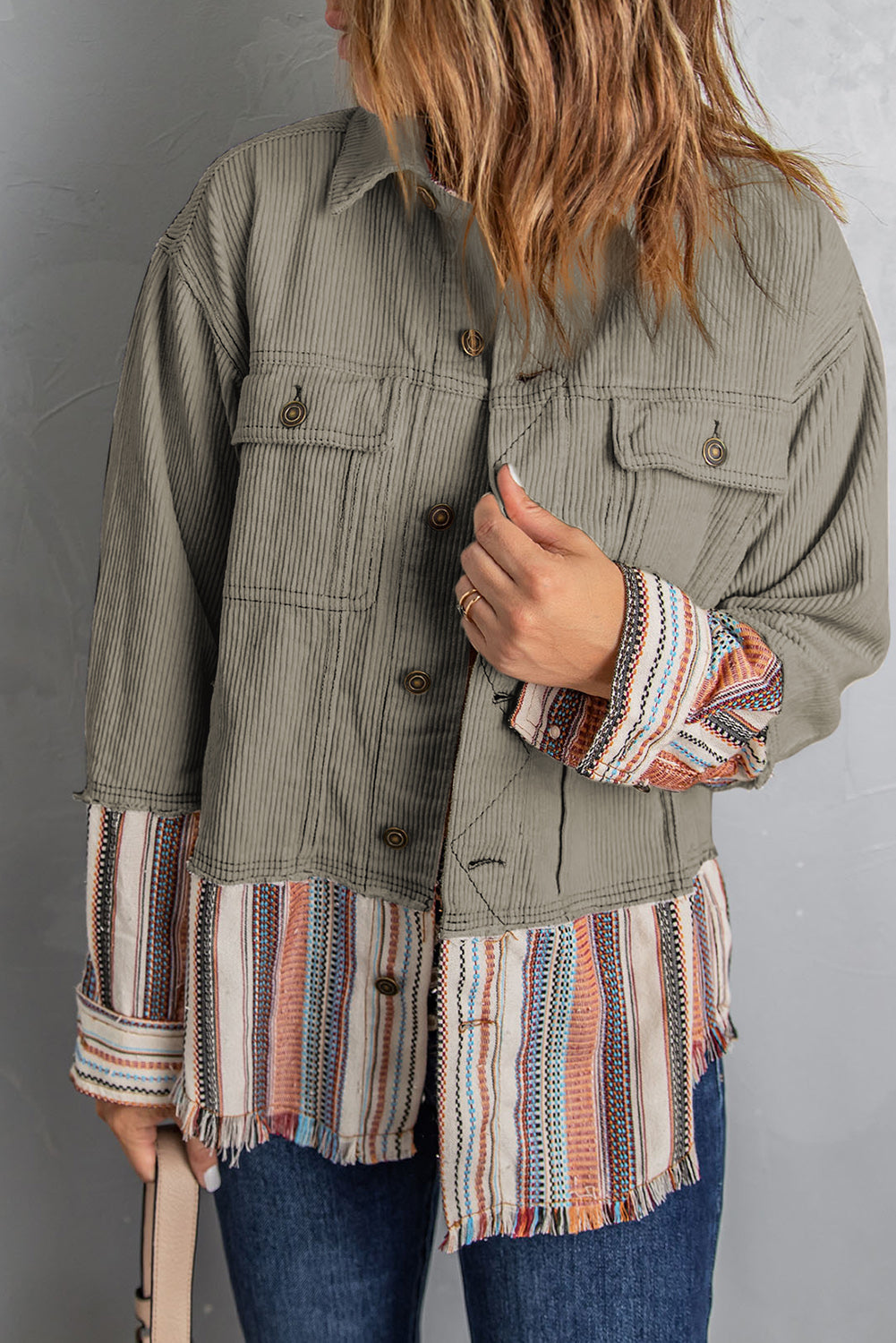 Green Color Block Corduroy Jacket