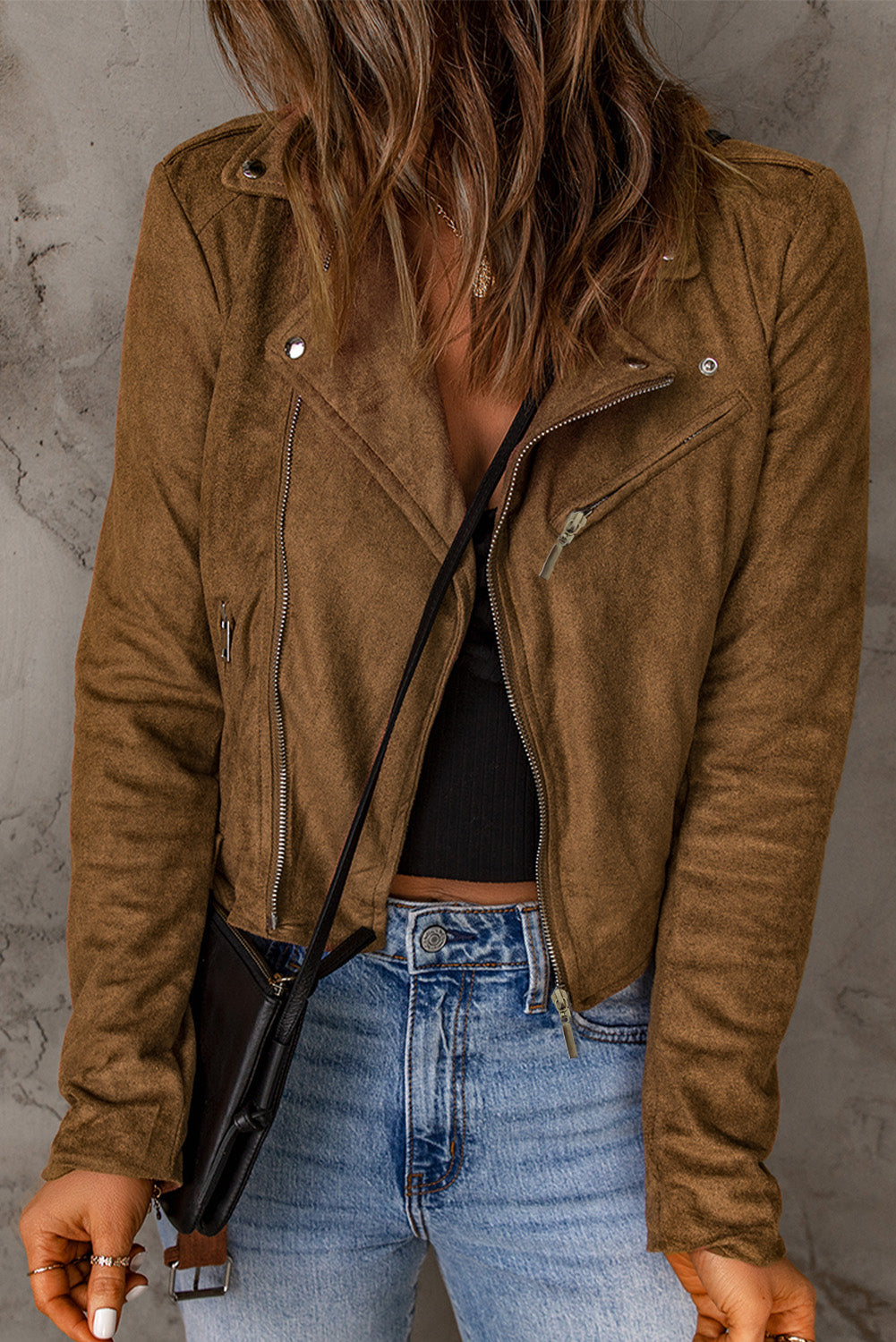 Vegan Suede Zip Detail Moto Jacket