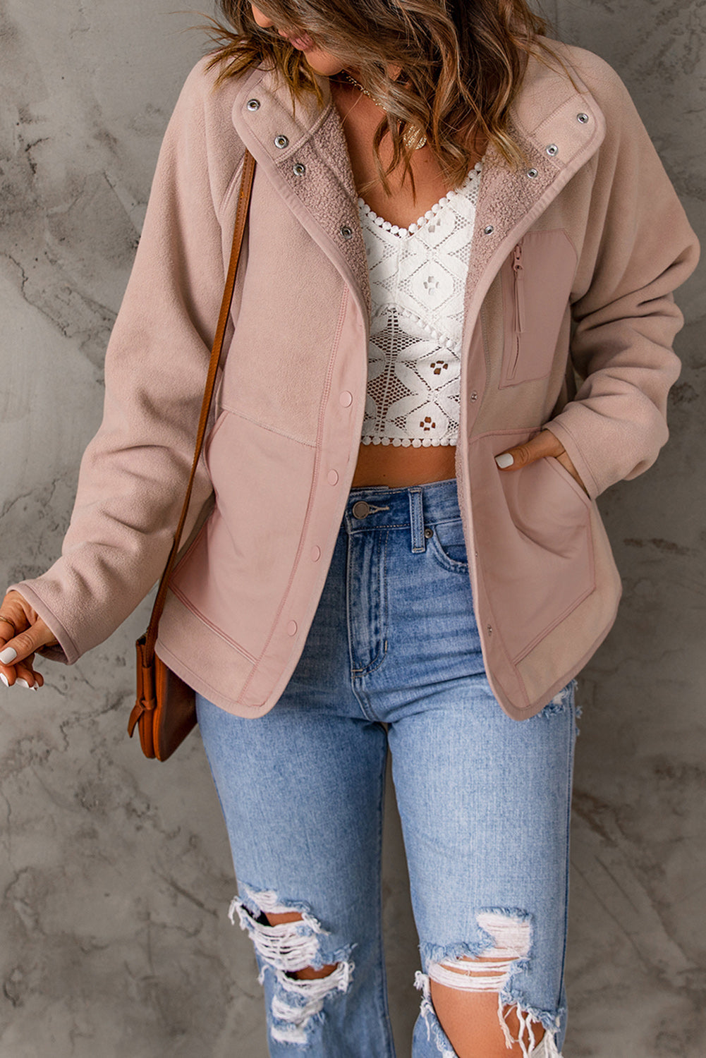 Faux Shearling Lining Snap Suede Jacket