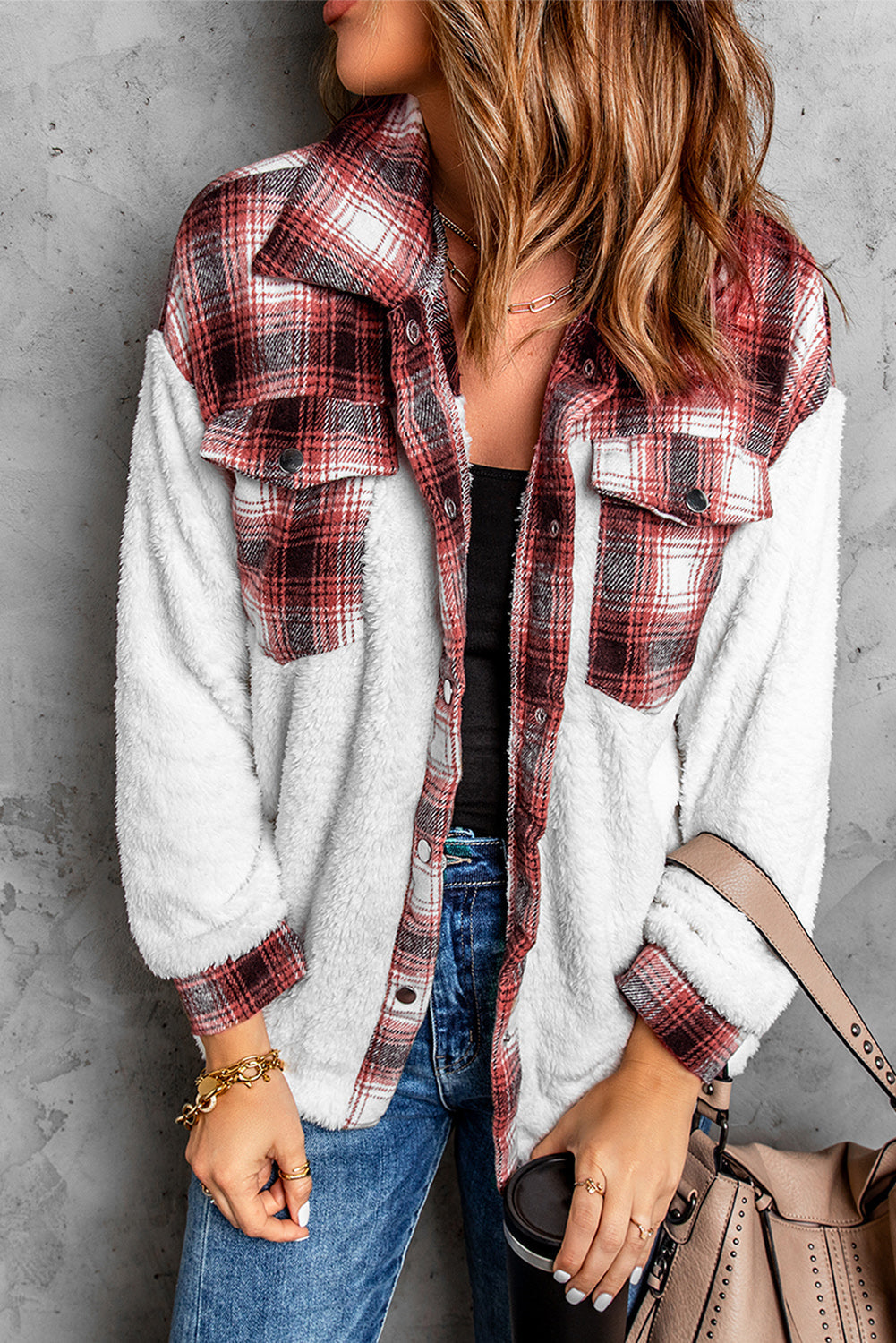 White Red Plaid Sherpa Jacket