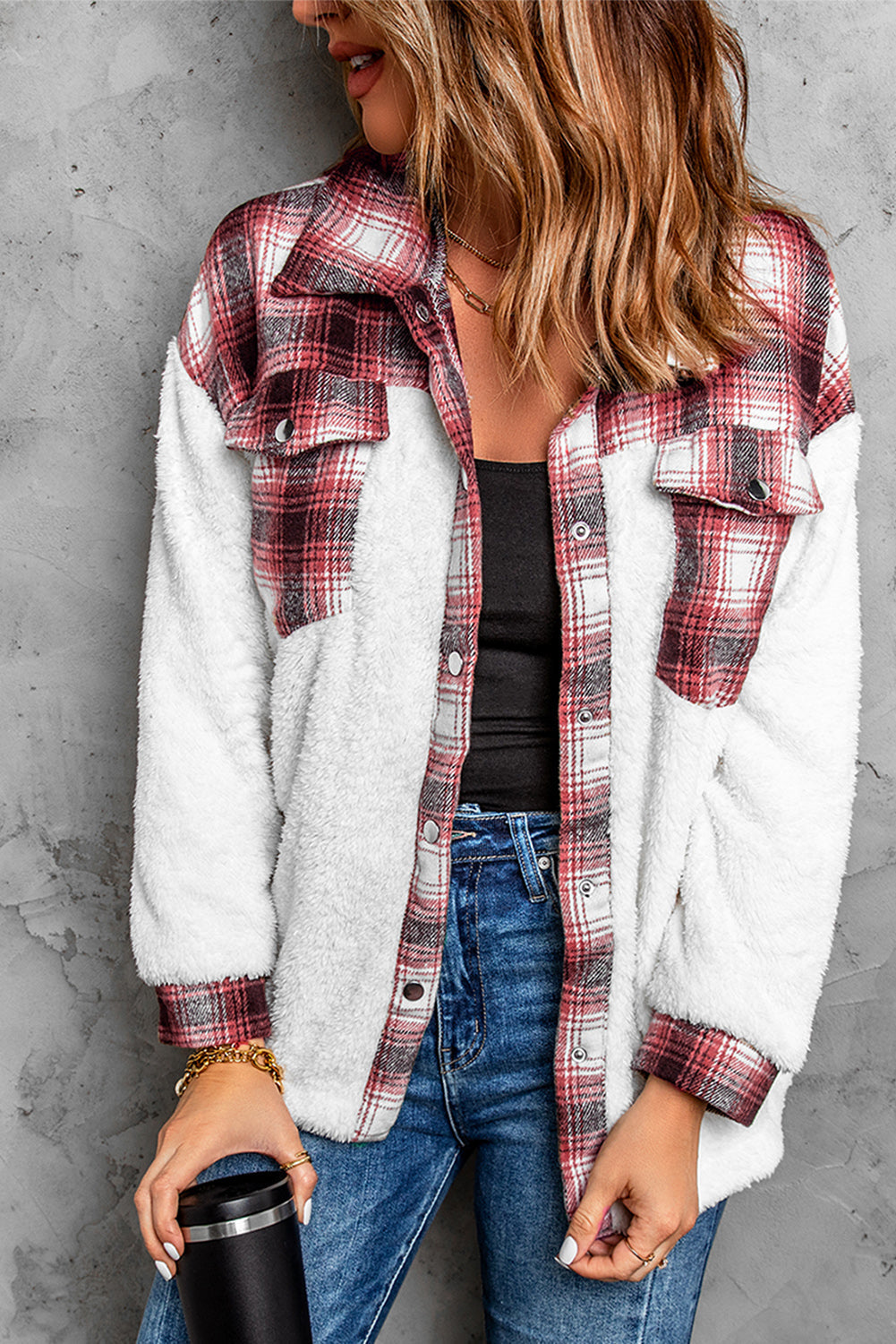 White Red Plaid Sherpa Jacket