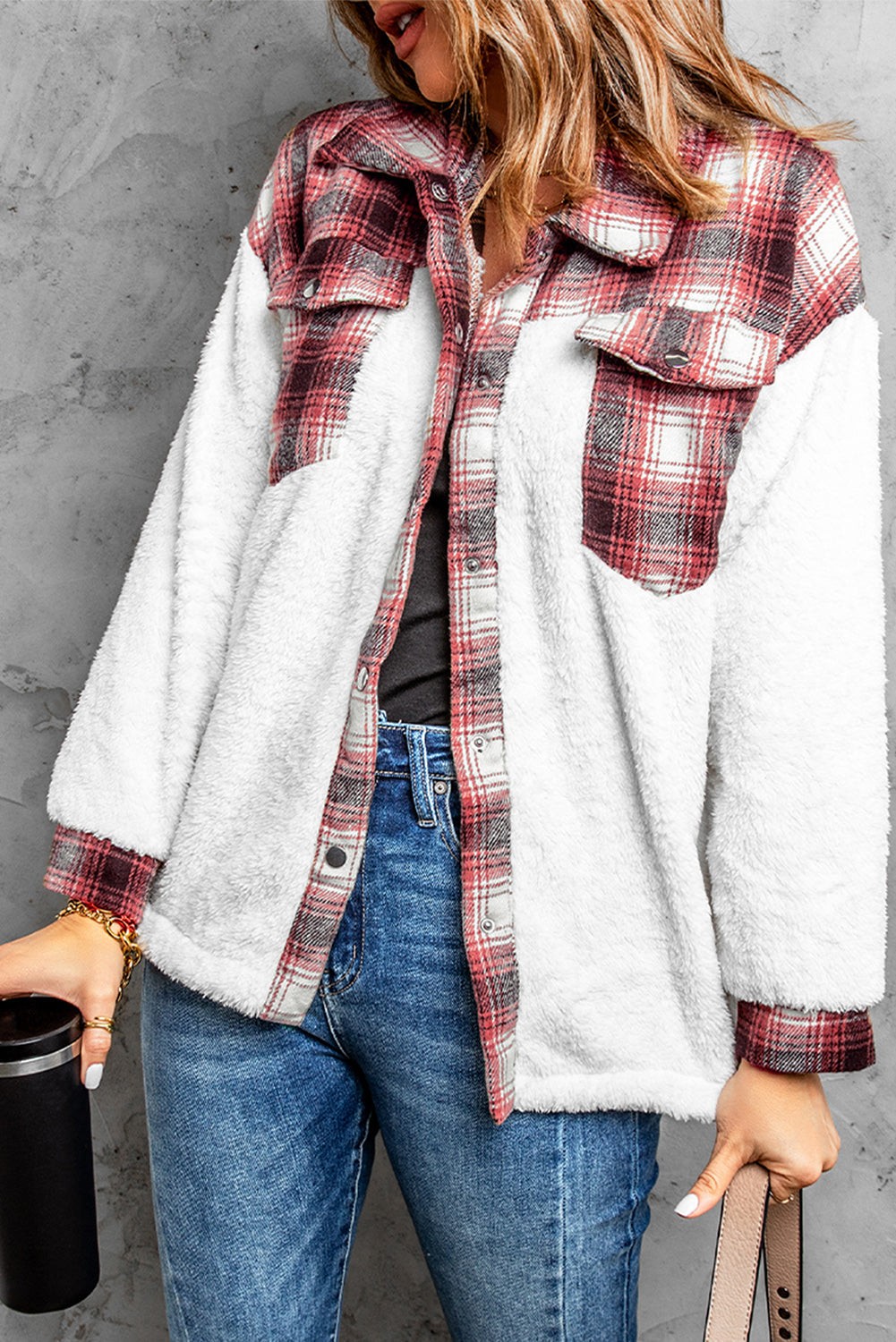 White Red Plaid Sherpa Jacket