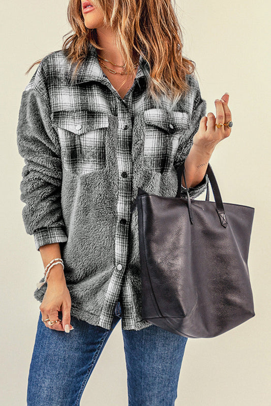 Gray Plaid Sherpa Jacket