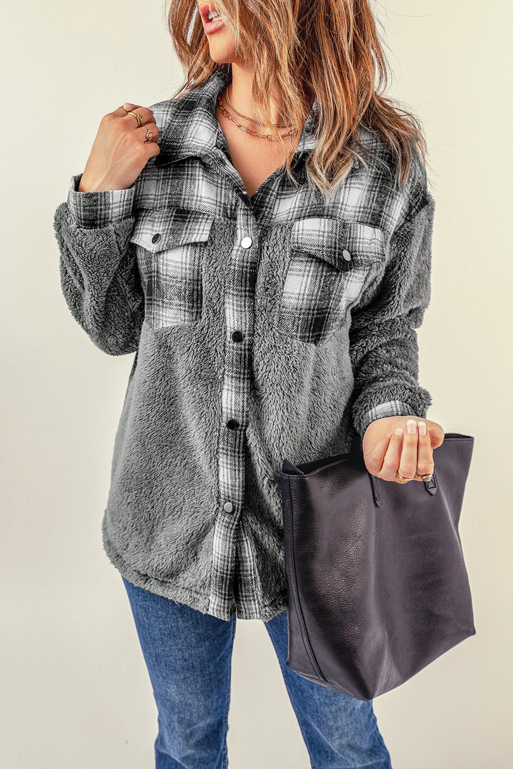 Gray Plaid Sherpa Jacket