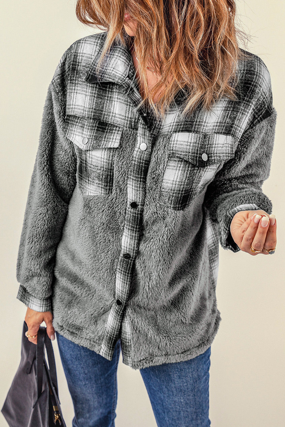 Gray Plaid Sherpa Jacket