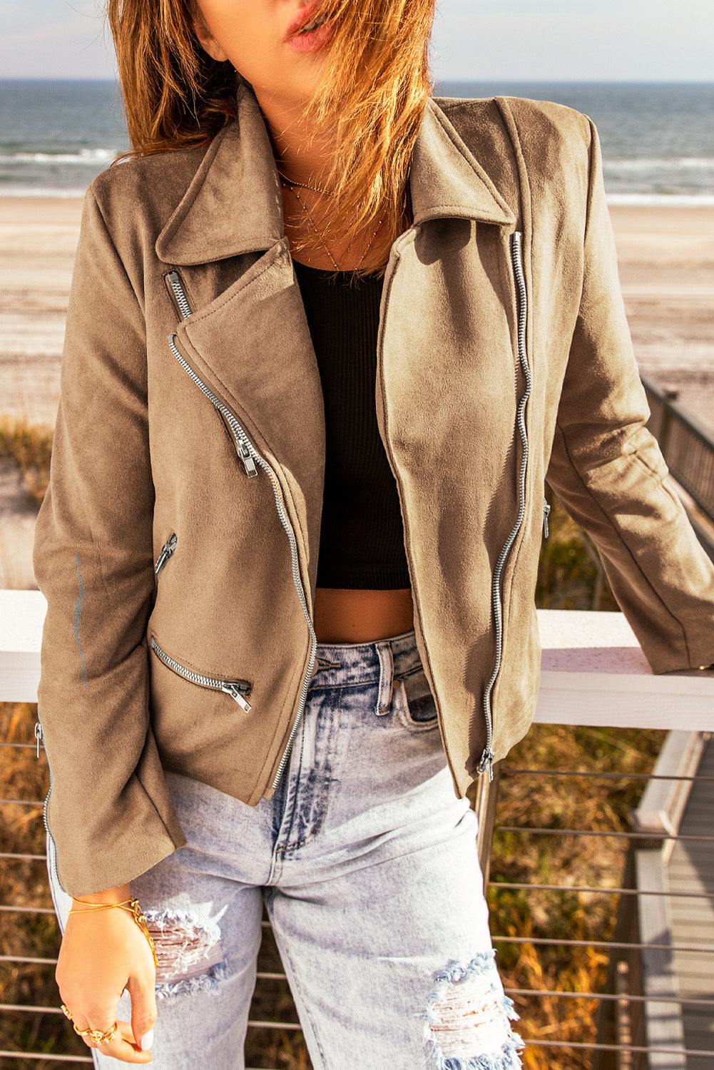 Khaki Zipped Notch Collar Short Jacket