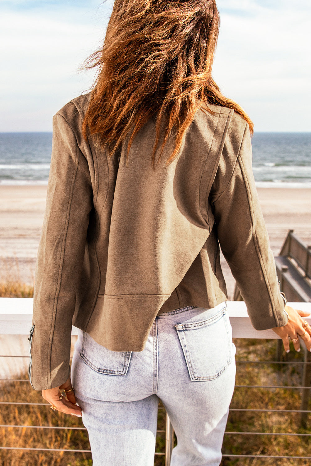 Khaki Zipped Notch Collar Short Jacket