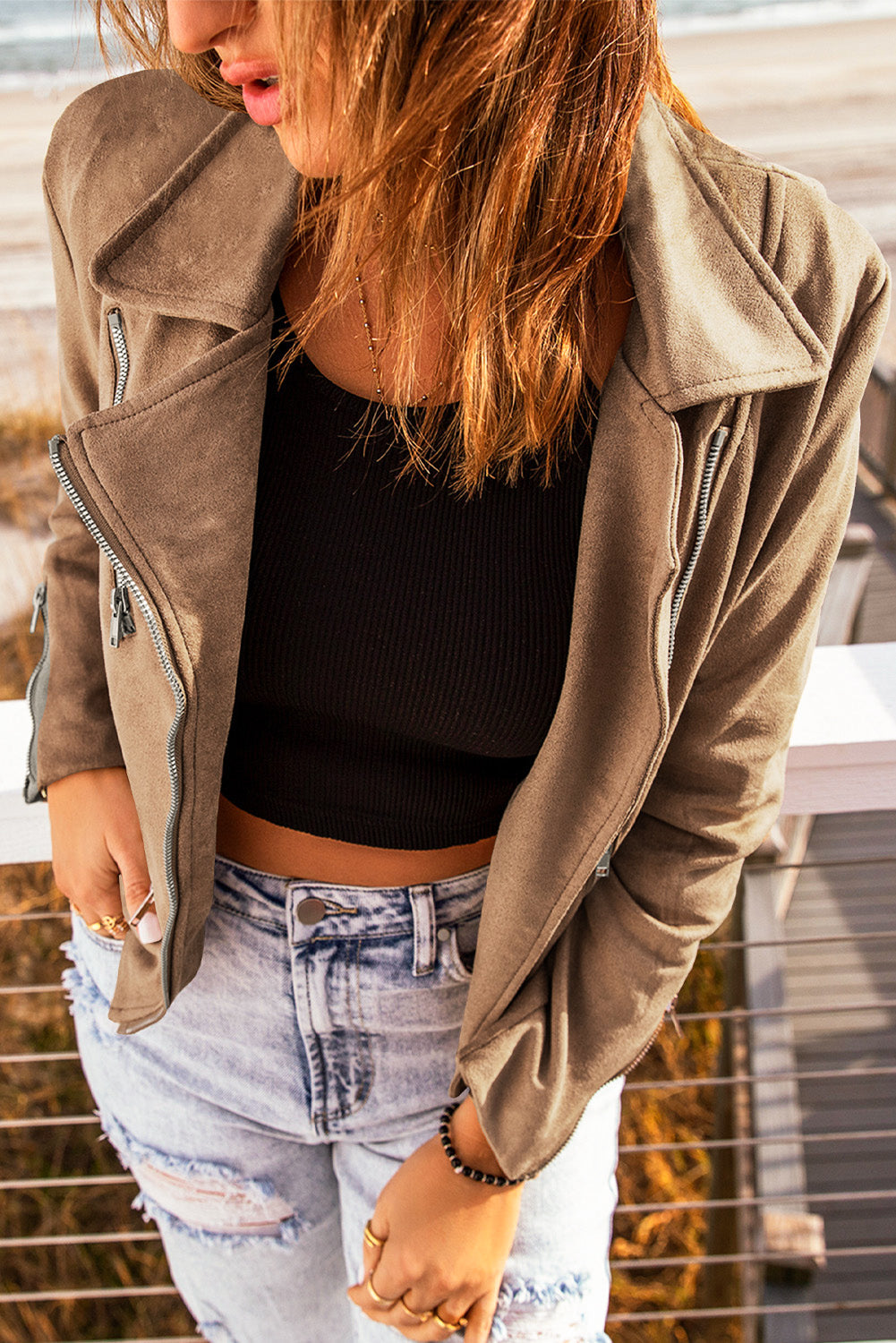 Khaki Zipped Notch Collar Short Jacket