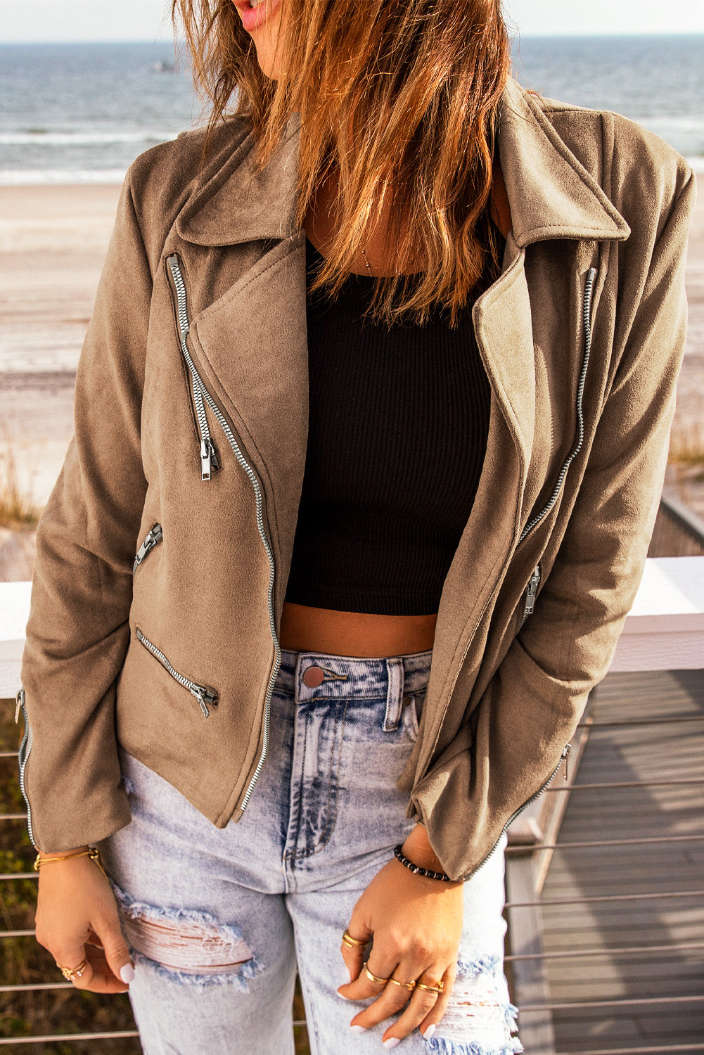 Khaki Zipped Notch Collar Short Jacket