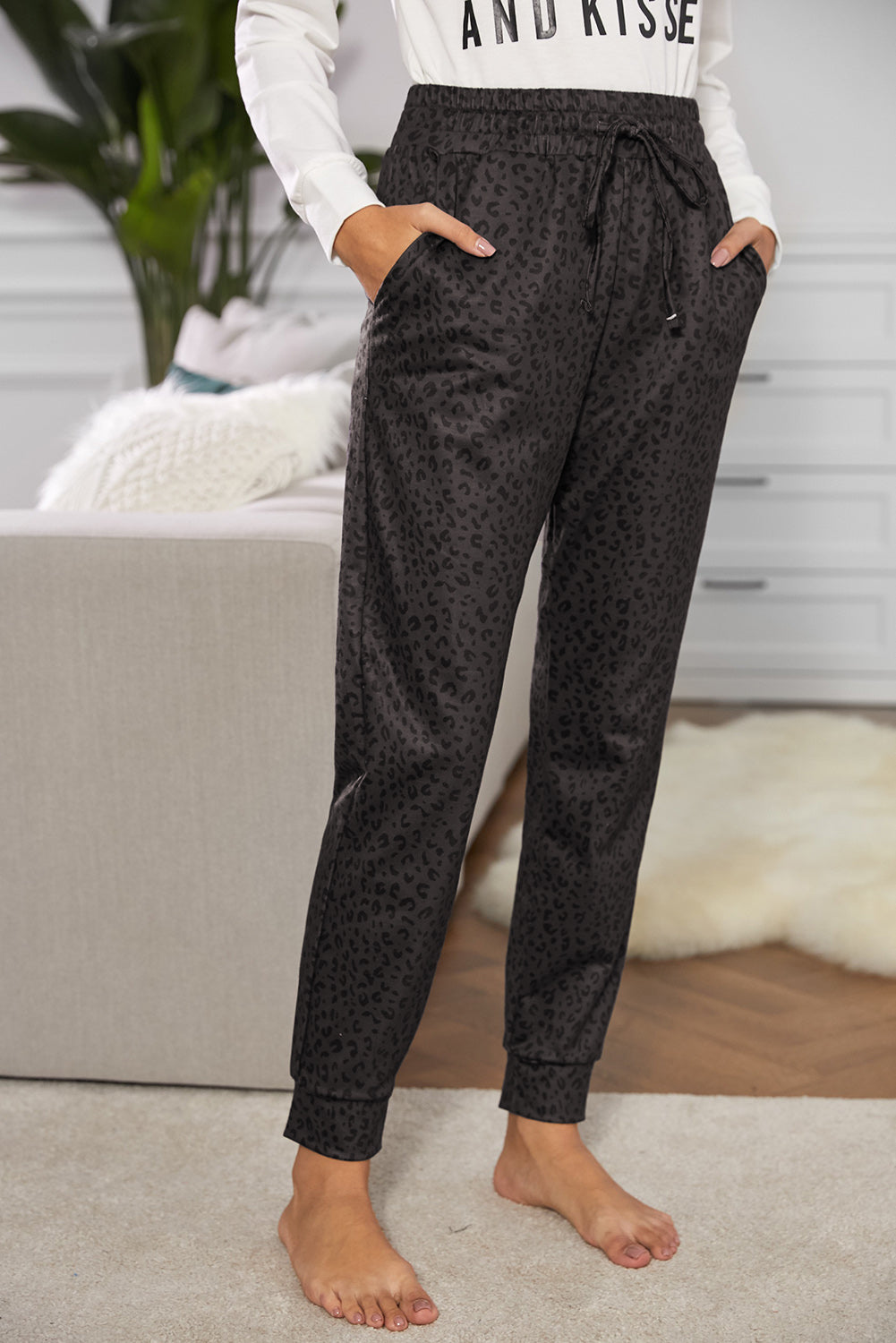 Women Casual Black Breezy Leopard Joggers