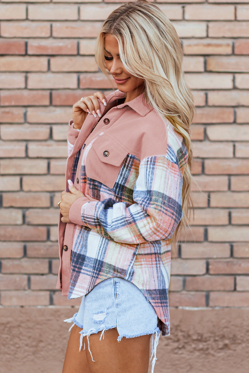 Plaid Corduroy Patchwork Chest Shacket