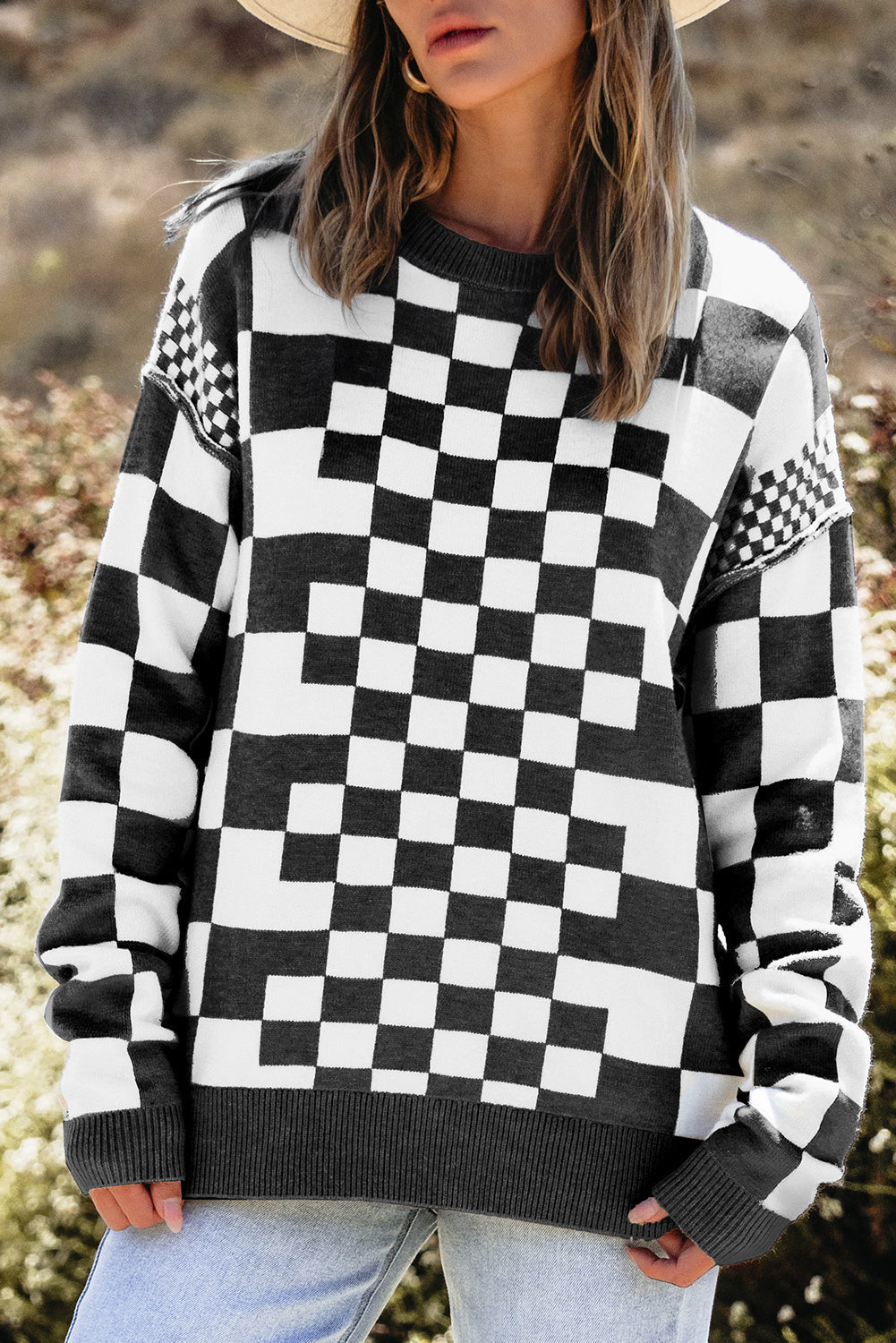 Checkered Drop Shoulder Sweater