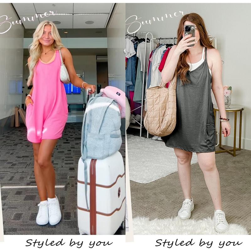 Womens Athletic Sleeveless Mini Dress with Built-in Shorts V Neck Spaghetti Strap Short Tennis Dress with Pockets