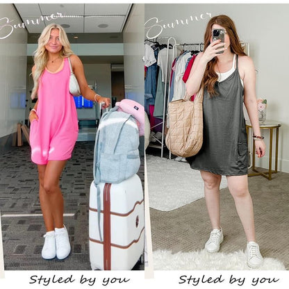 Womens Athletic Sleeveless Mini Dress with Built-in Shorts V Neck Spaghetti Strap Short Tennis Dress with Pockets