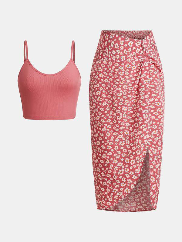 Women's Crop Cami Top &amp; Ditsy Floral Print Asymmetrical Twist Skirt Set