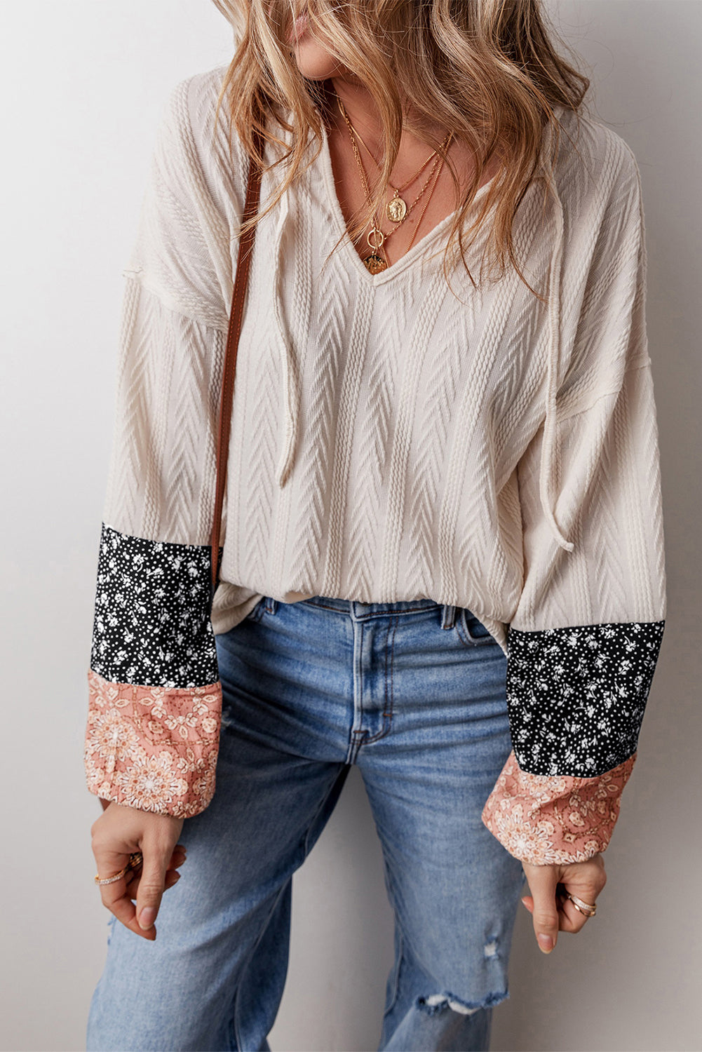 Floral Textured Knit Drawstring Blouse