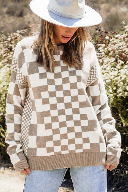 Checkered Drop Shoulder Round Neck Sweater