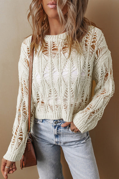 Cut Out Crochet Crew Neck Loose Fit Sweater