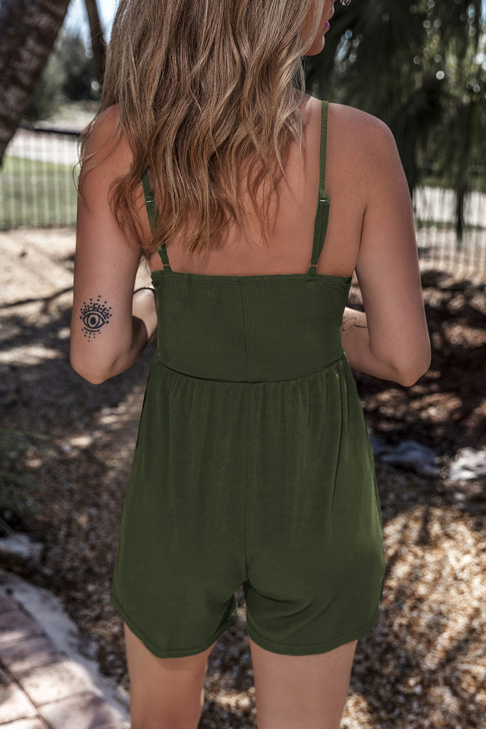 Straps Cinched Waist Ribbed Romper