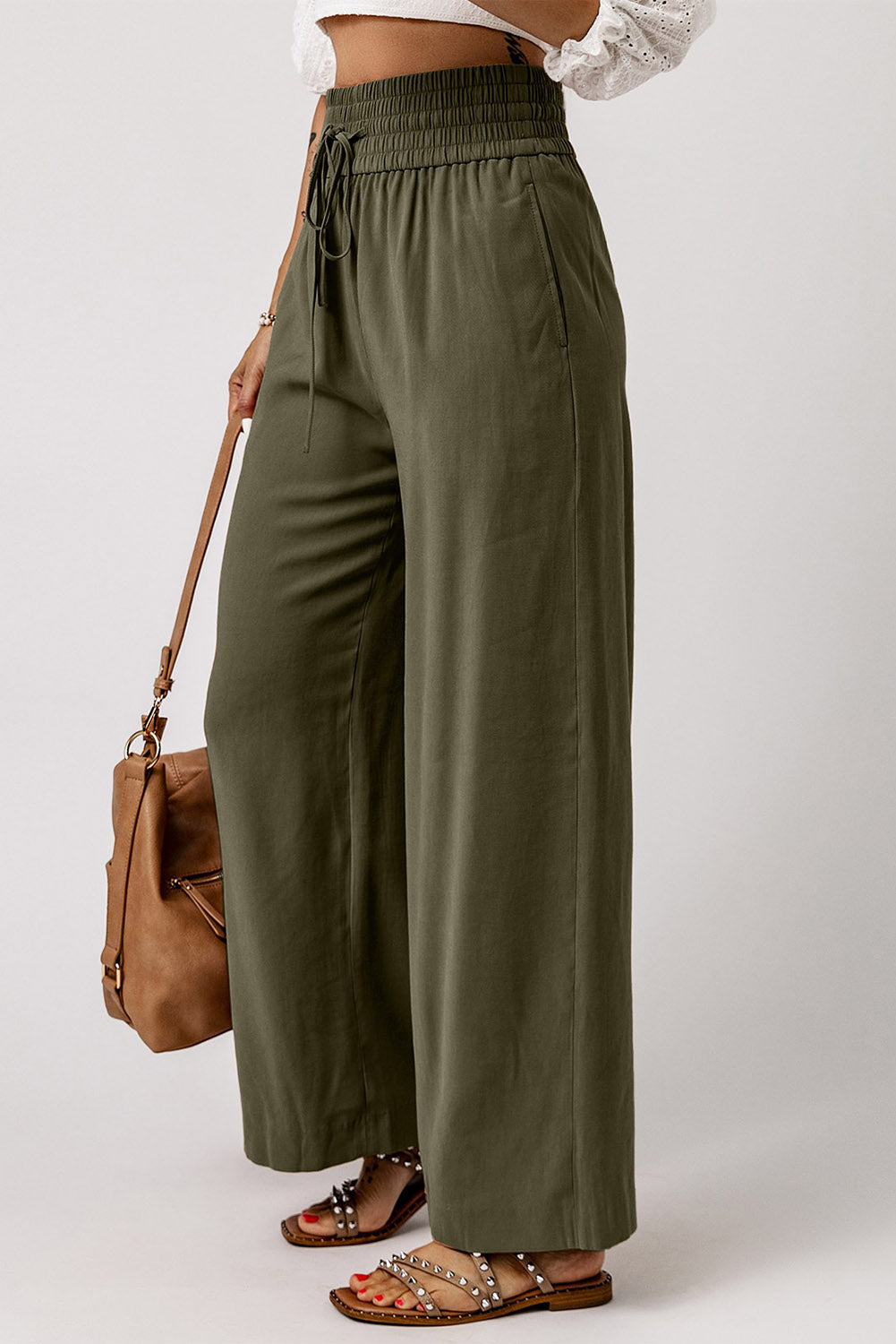 Brown Elastic Waist Casual Wide Leg Pants