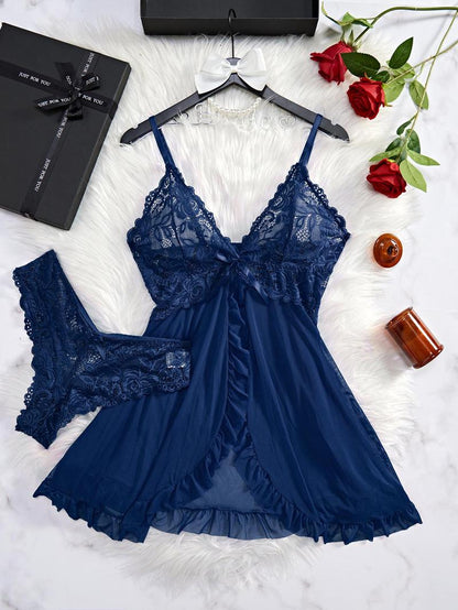 Lace Ruffle Trim Wrap Nightdress Set