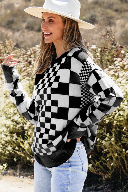 Checkered Drop Shoulder Sweater