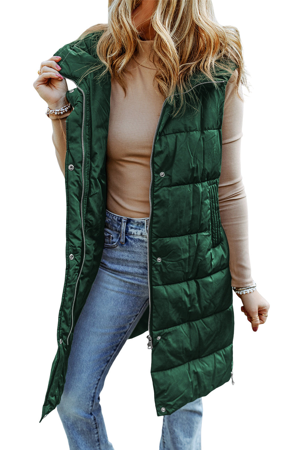 Hooded Long Quilted Vest Coat