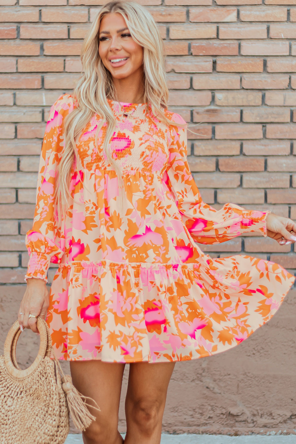 Smocked Lantern Sleeve Ruffle Mini Dress