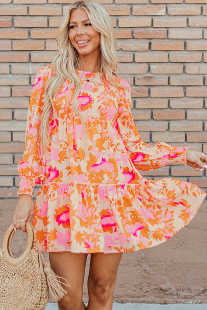 Smocked Lantern Sleeve Ruffle Mini Dress