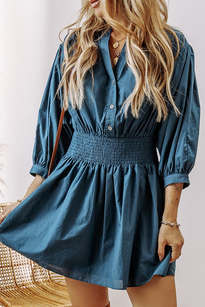 3/4 Sleeve Shirred High Waist Mini Dress